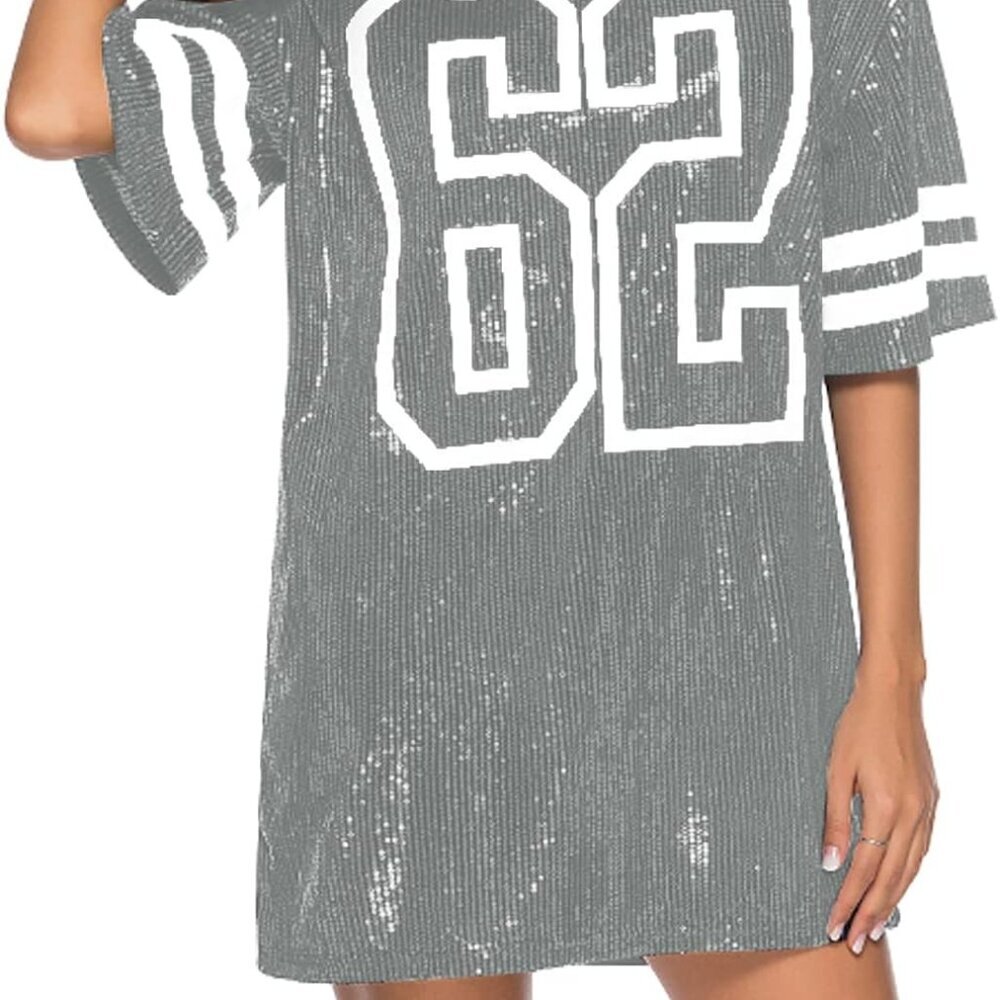 Women Sequin T-Shirt Dress Casual Party Short Sleeve Clubwear Xxl Grey